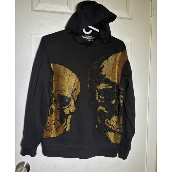 Heads or Tails Long Sleeve Hoodie (Blinged Gold Skulls) Black women's Sz Small - Picture 5 of 7
